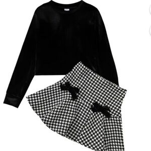 Girls Black Crop Top and Black & White Houndstooth Skirt Set